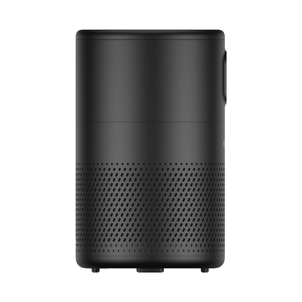 Side view of the black MOOKA B-D02L showing the perforated air intake around its base