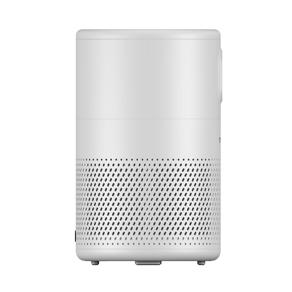 Side view of the white MOOKA B-D02L showing the perforated lower intake and the base cover