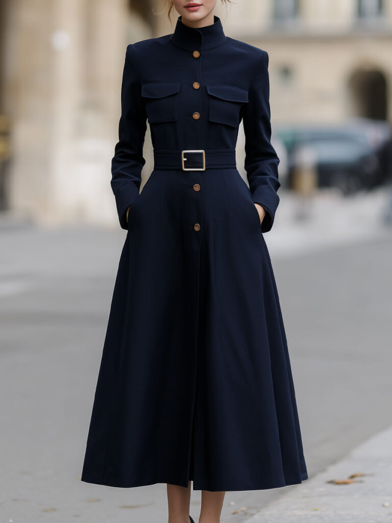 Mooyius utility-inspired belted mock-neck maxi dress in navy, a more structured alternative to the cowl-neck style