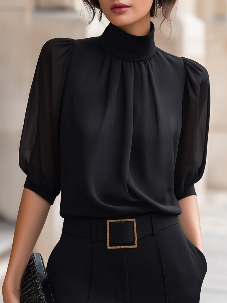 Mooyius black mock-neck chiffon blouse with sheer puff sleeves, showing how the fabric gathers and floats