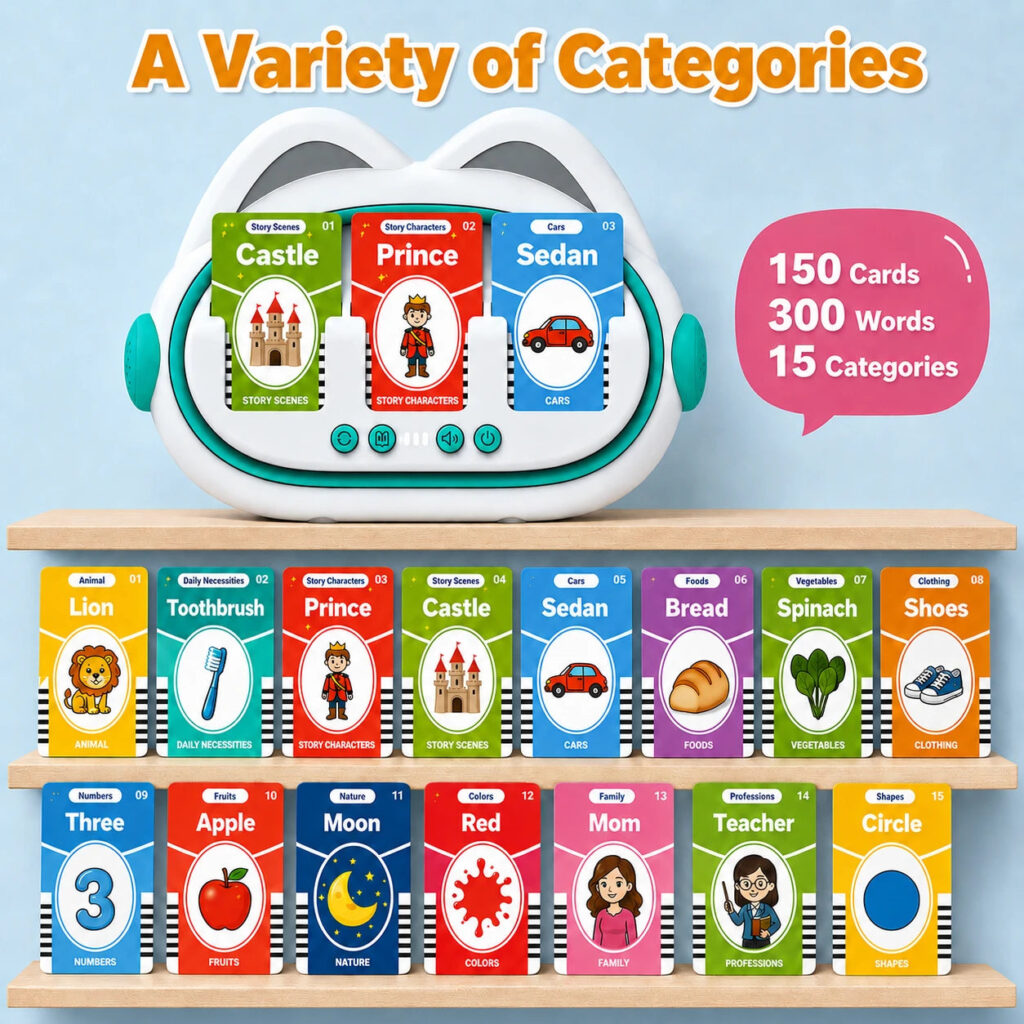 Moreximi story machine on a shelf above rows of colorful flash cards from several categories, with a badge reading 150 cards, 300 words, 15 categories