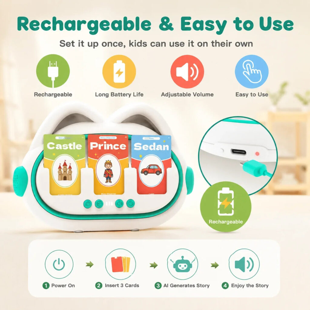 Moreximi story machine with a close-up of its USB-C charging port and icons for rechargeable battery, adjustable volume and easy use