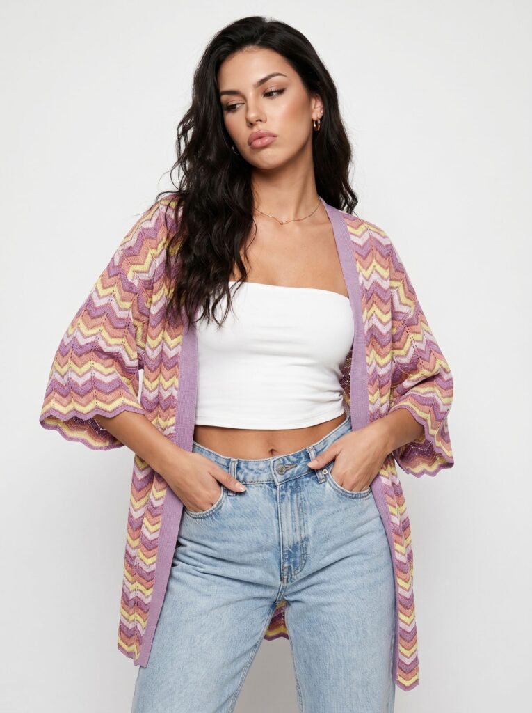 Open-front chevron knit cardigan in lilac, pink and yellow worn over a white top and light jeans