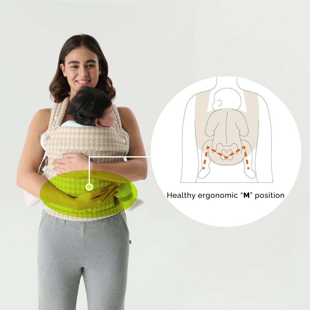 Brand graphic of a parent wearing the Houndstooth carrier with an inset diagram of the ergonomic M position
