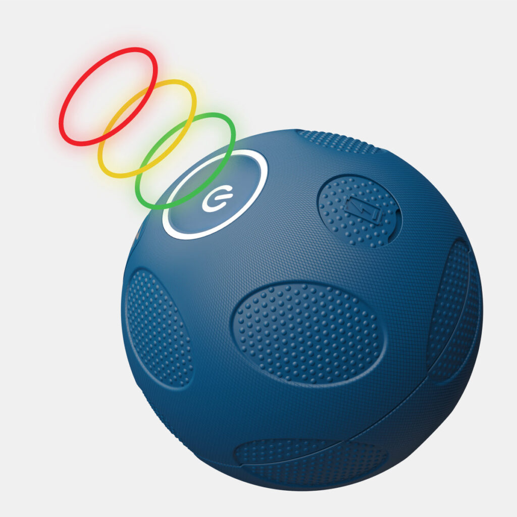 Blue Nobol MyoSphere with red, yellow and green rings floating above its power button