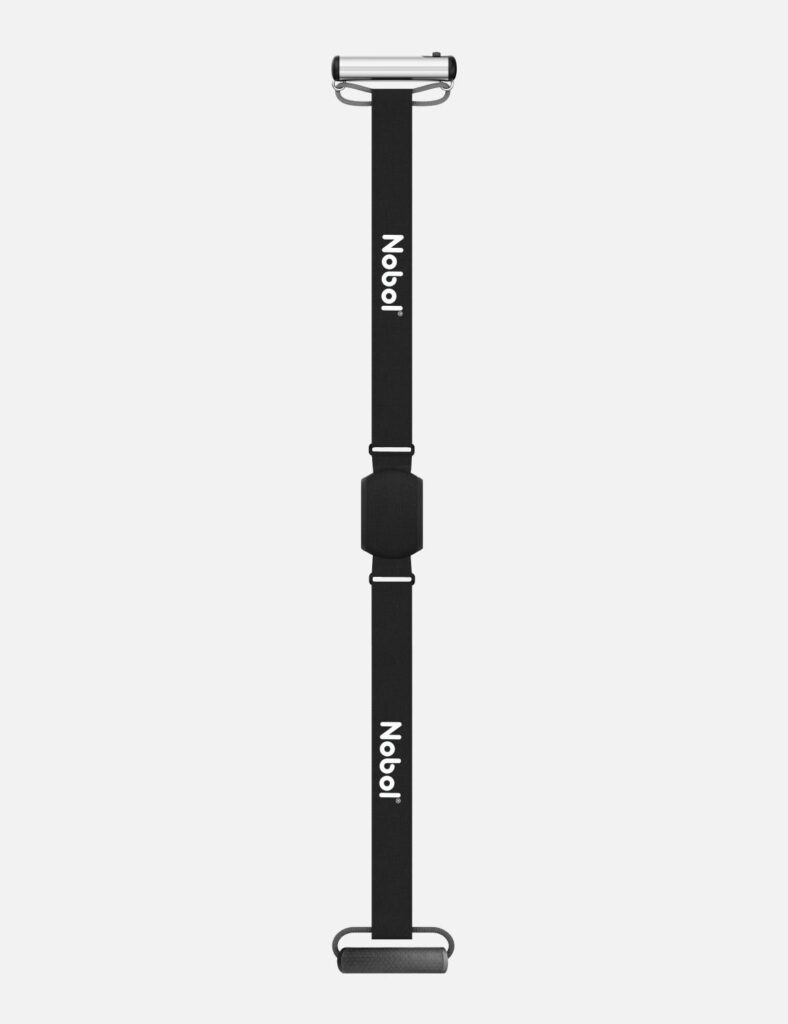 Black Nobol recovery belt laid flat, with a padded center cradle and a grip at each end