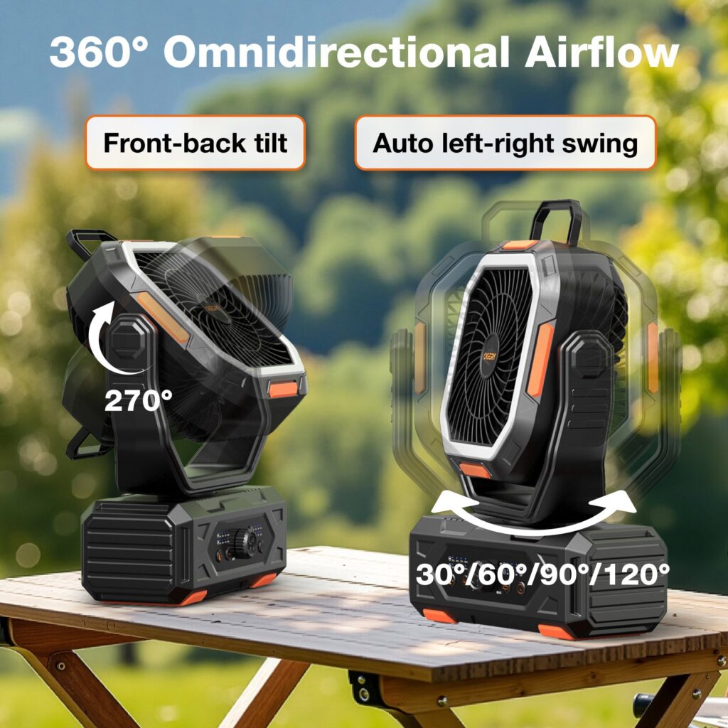 OGERY F11 camping fan shown tilting forward and back and swinging side to side on a wooden table