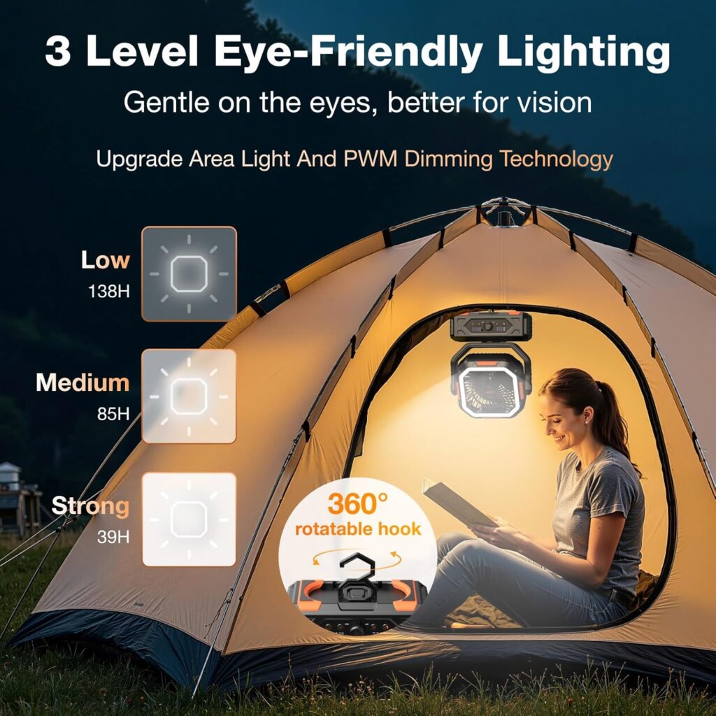 OGERY F11 camping fan hanging inside a tent with its lantern on while a camper reads