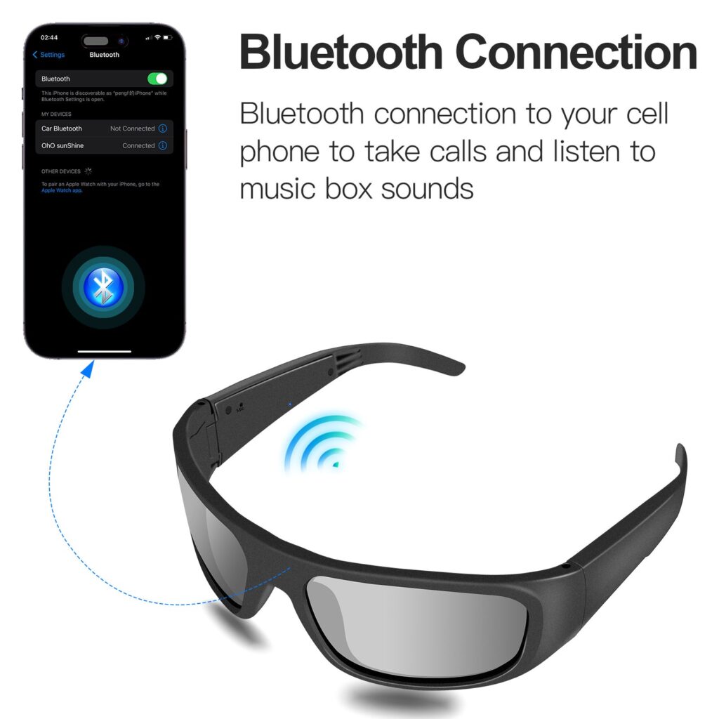 Brand graphic showing black sunglasses pairing with a phone over Bluetooth for calls and music