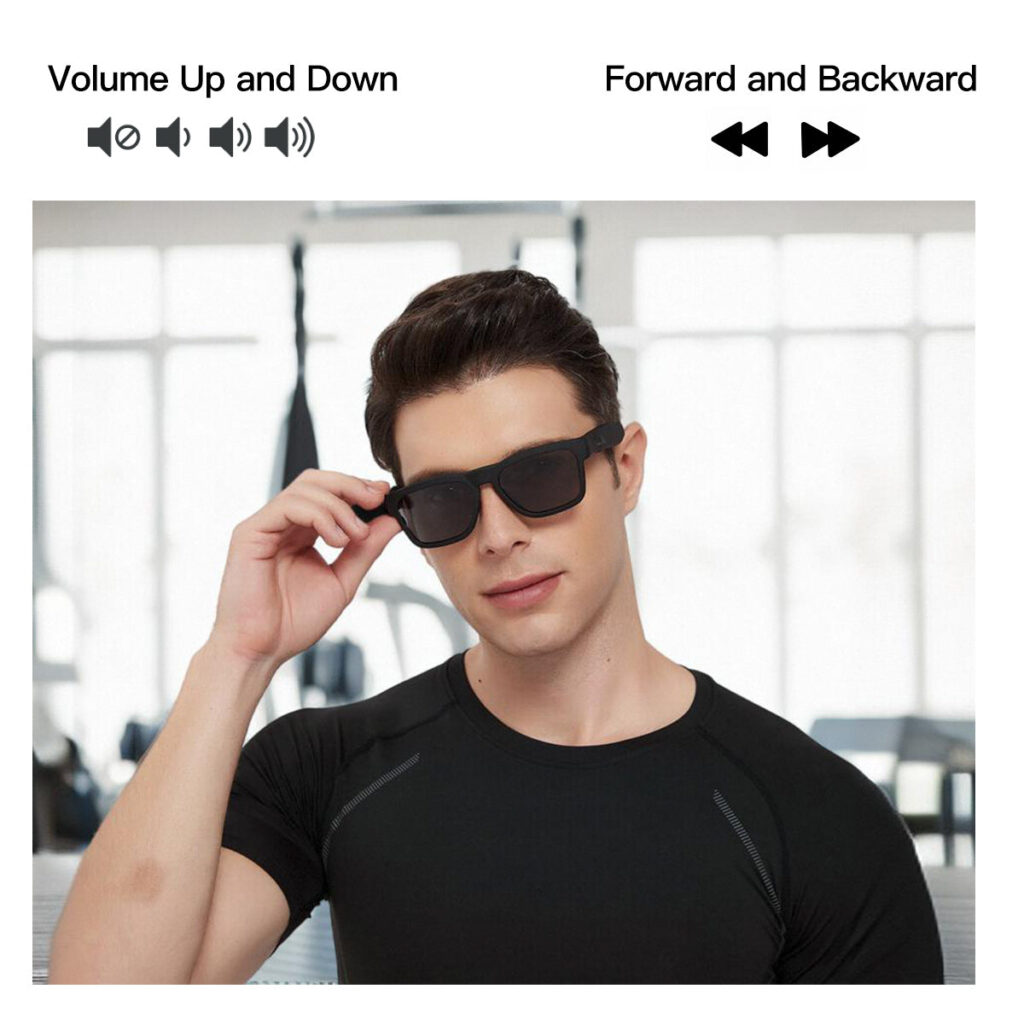 Man in black Bluetooth sunglasses touching the frame, with volume and track-skip icons above him
