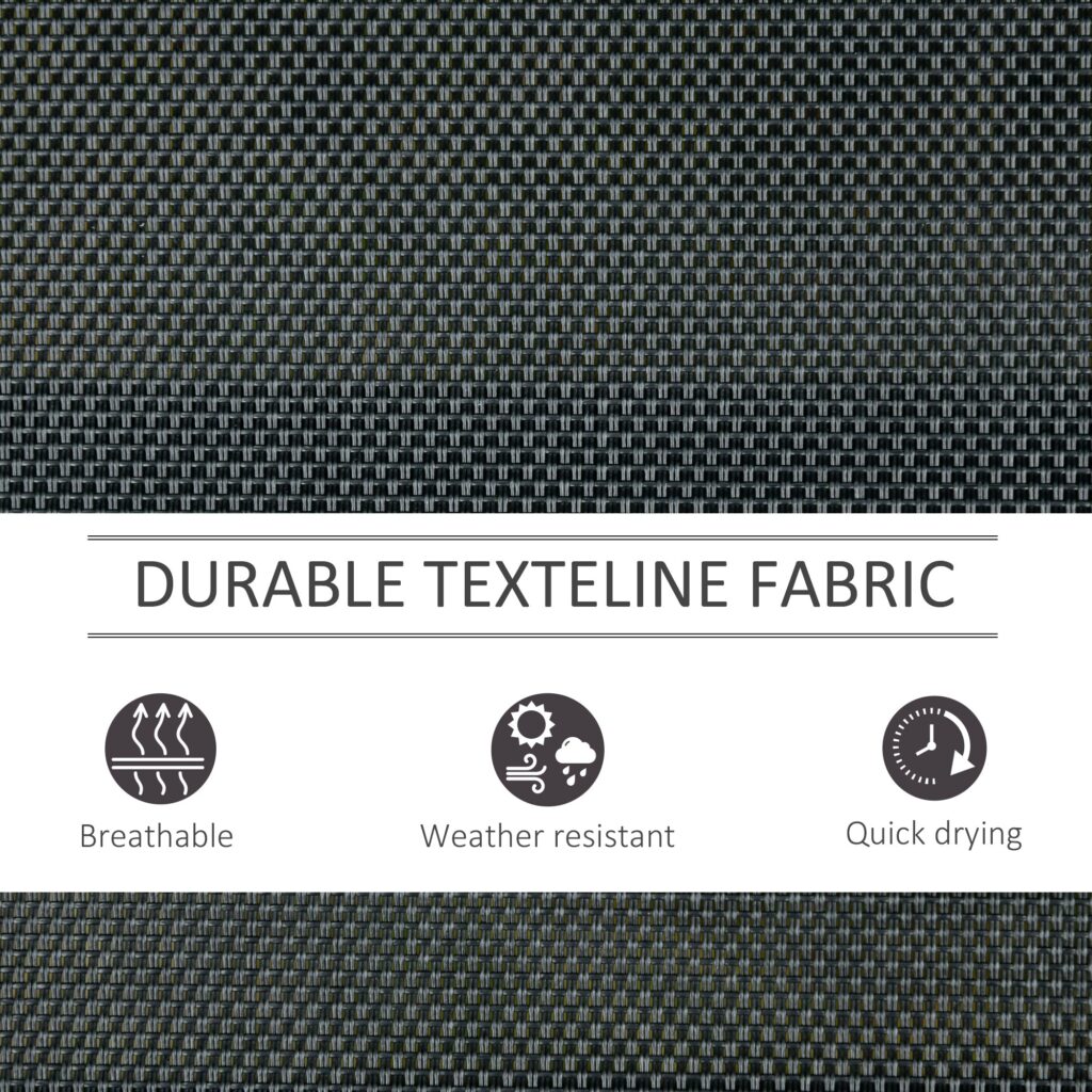 Close-up of Outsunny Texteline mesh fabric with labels for breathable, weather resistant and quick drying