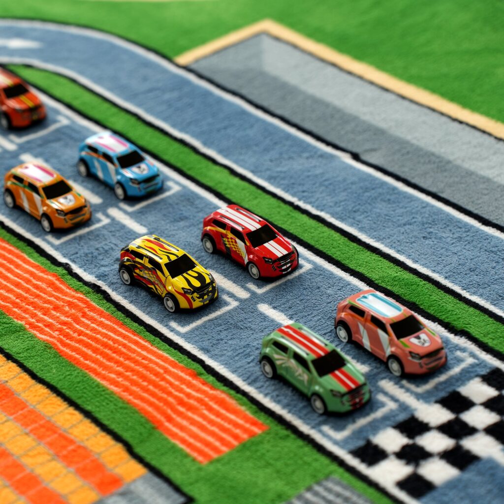 Toy cars lined up on the starting grid of the PaPaMat Race Track mat beside the checkered finish line