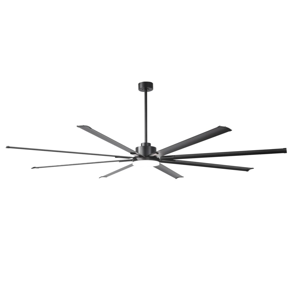 Large black HVLS-style Parrot Uncle ceiling fan with a downrod and a round light under the motor housing