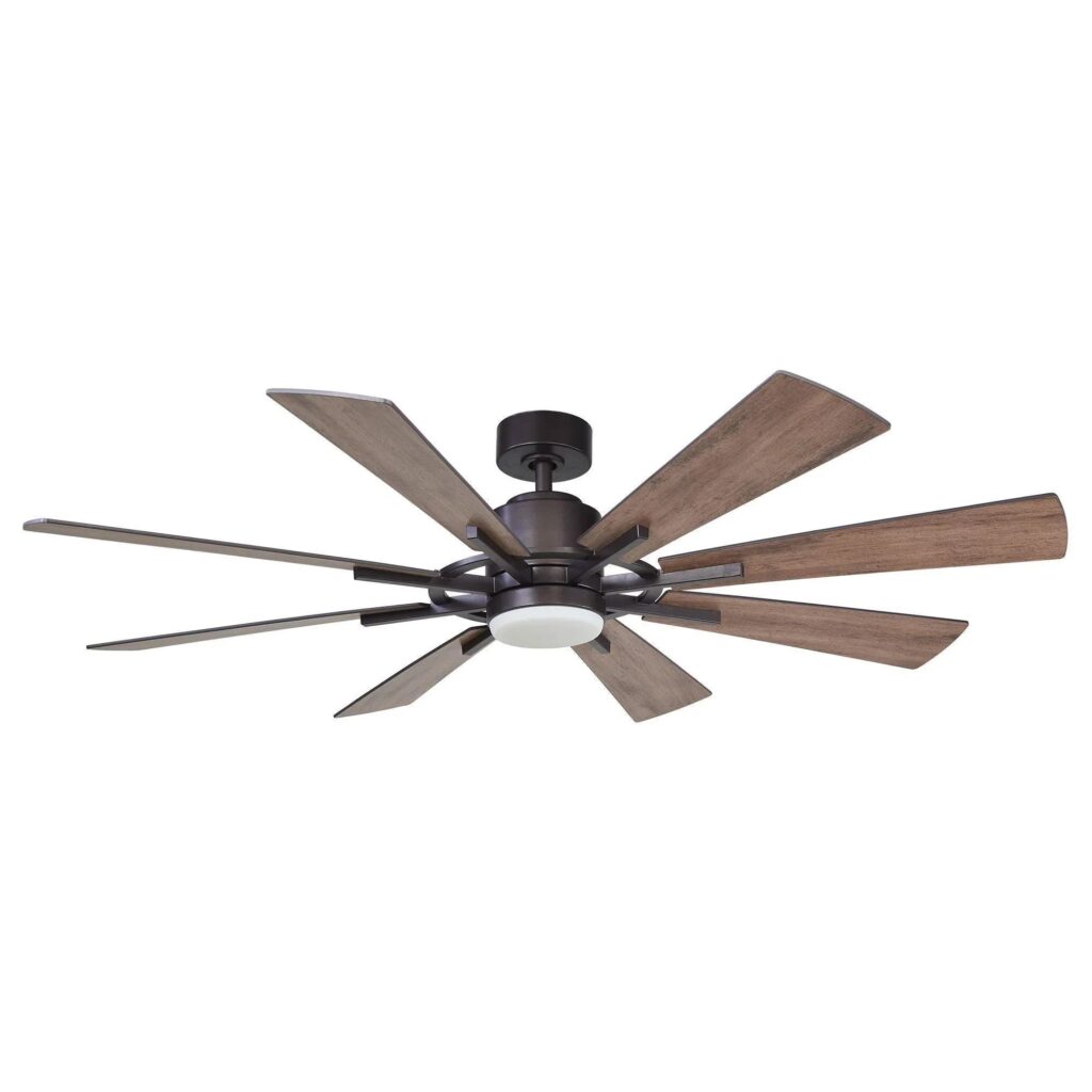 Parrot Uncle windmill-style ceiling fan with an oil-rubbed bronze body, wood-look blades and a round light