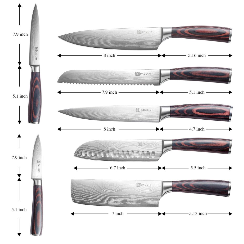 Diagram of the seven Paudin knives with blade and handle lengths marked beside each one