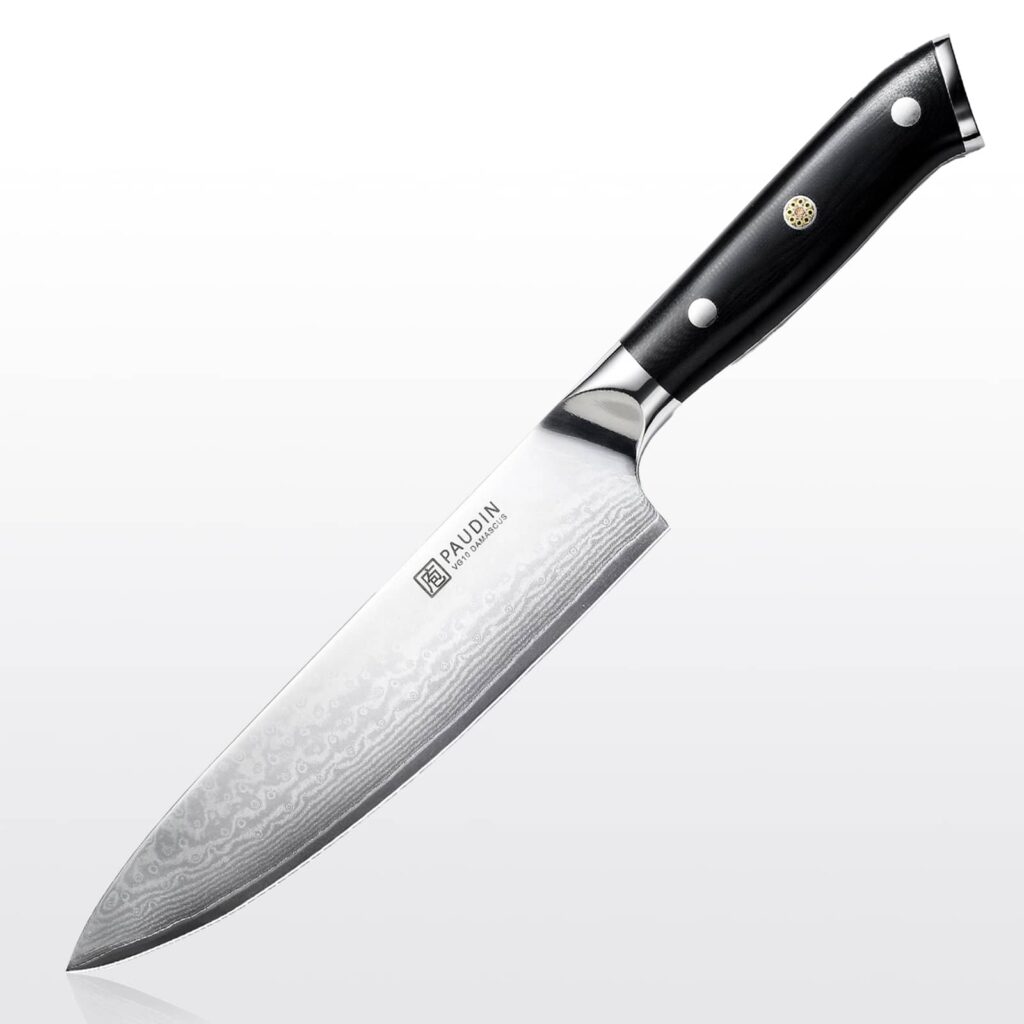 Paudin Cloud Premium 8 inch chef knife with a Damascus blade and black G10 handle