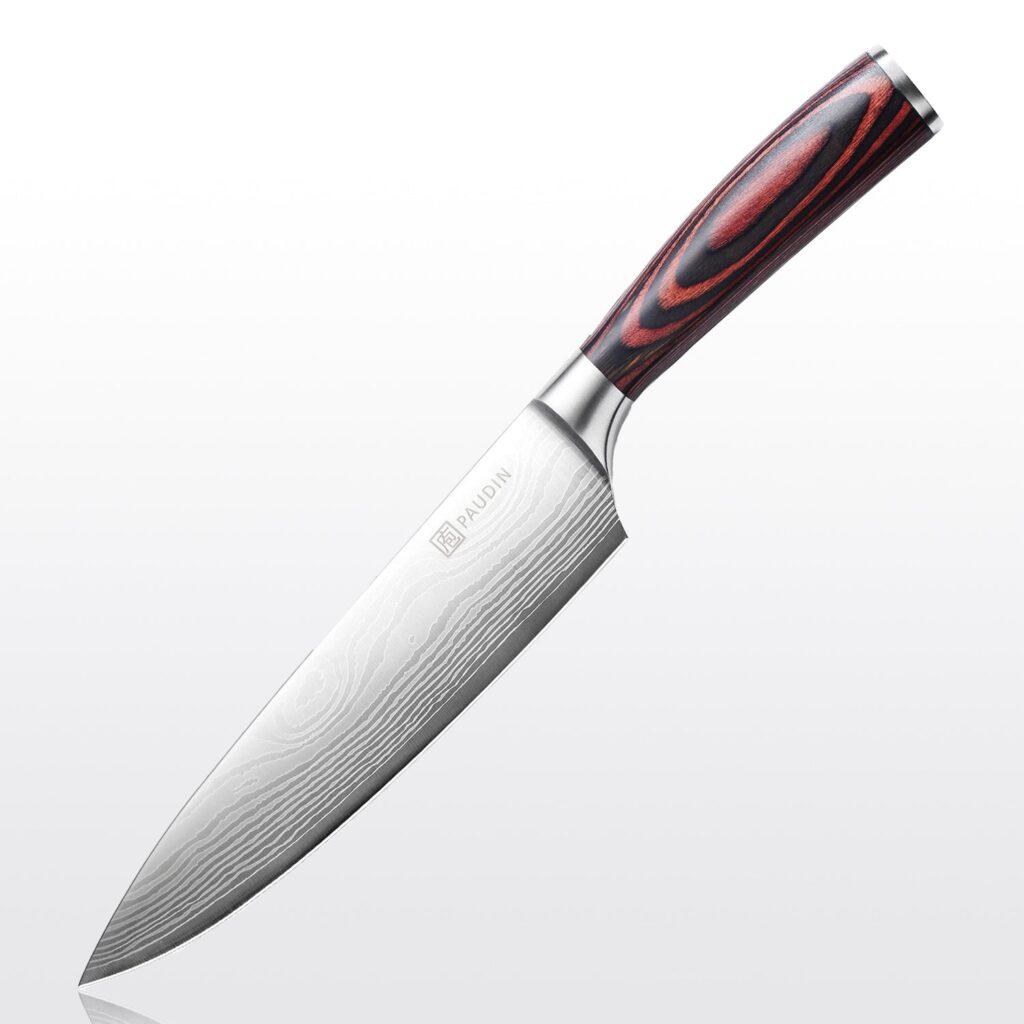 Paudin Universal Classic 8 inch chef knife with a red-brown Pakkawood handle and wave-etched blade