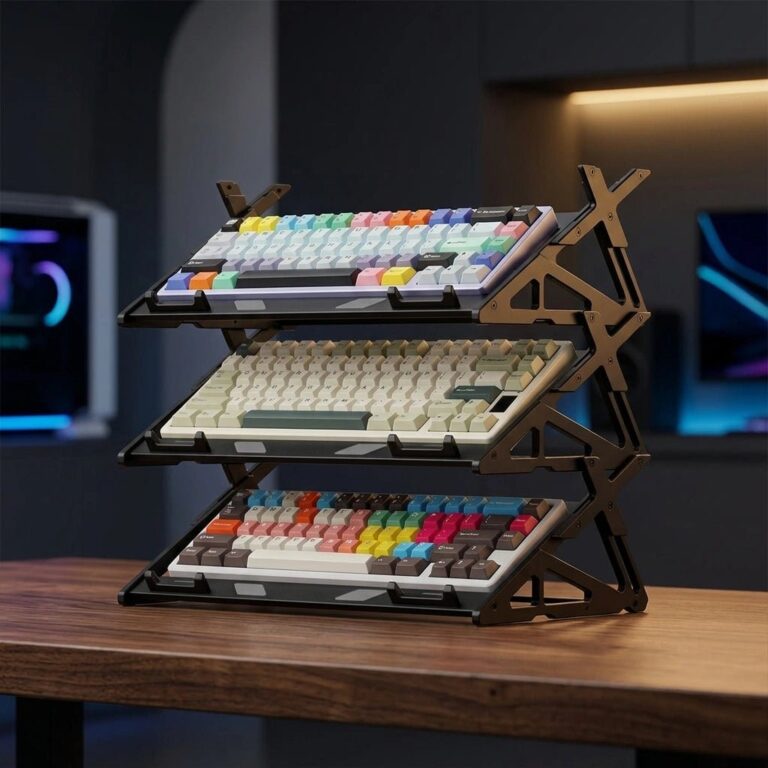 Three-tier Peakzooc keyboard stand holding three mechanical keyboards on a desk