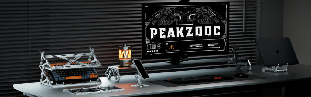 Peakzooc desk setup with a keyboard stand, phone stand and monitor riser in aluminum