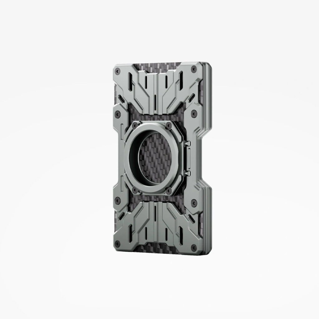 Peakzooc Mech Guard metal wallet in grey aluminum with carbon fiber panels