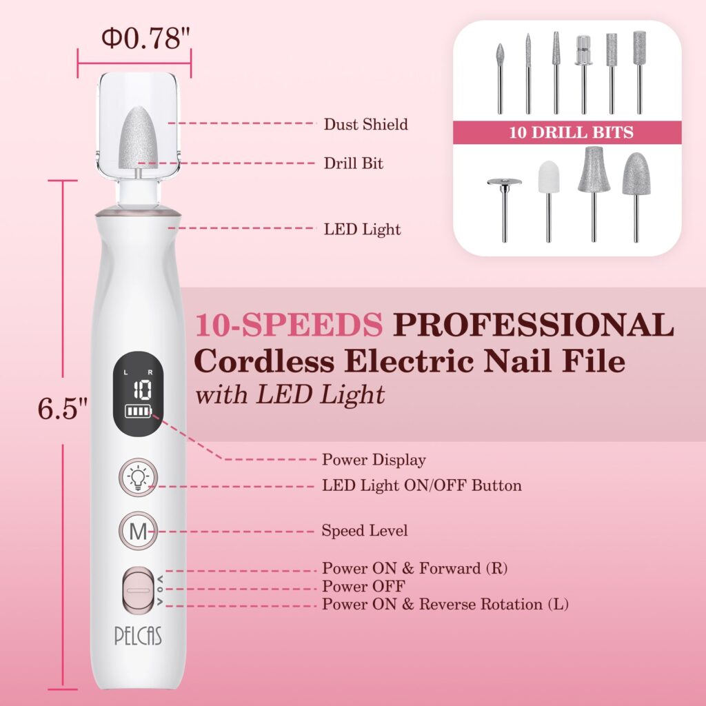Labeled diagram of the Pelcas cordless nail file showing the dust shield, drill bit, LED light and power display, with a 6.5 inch length marked