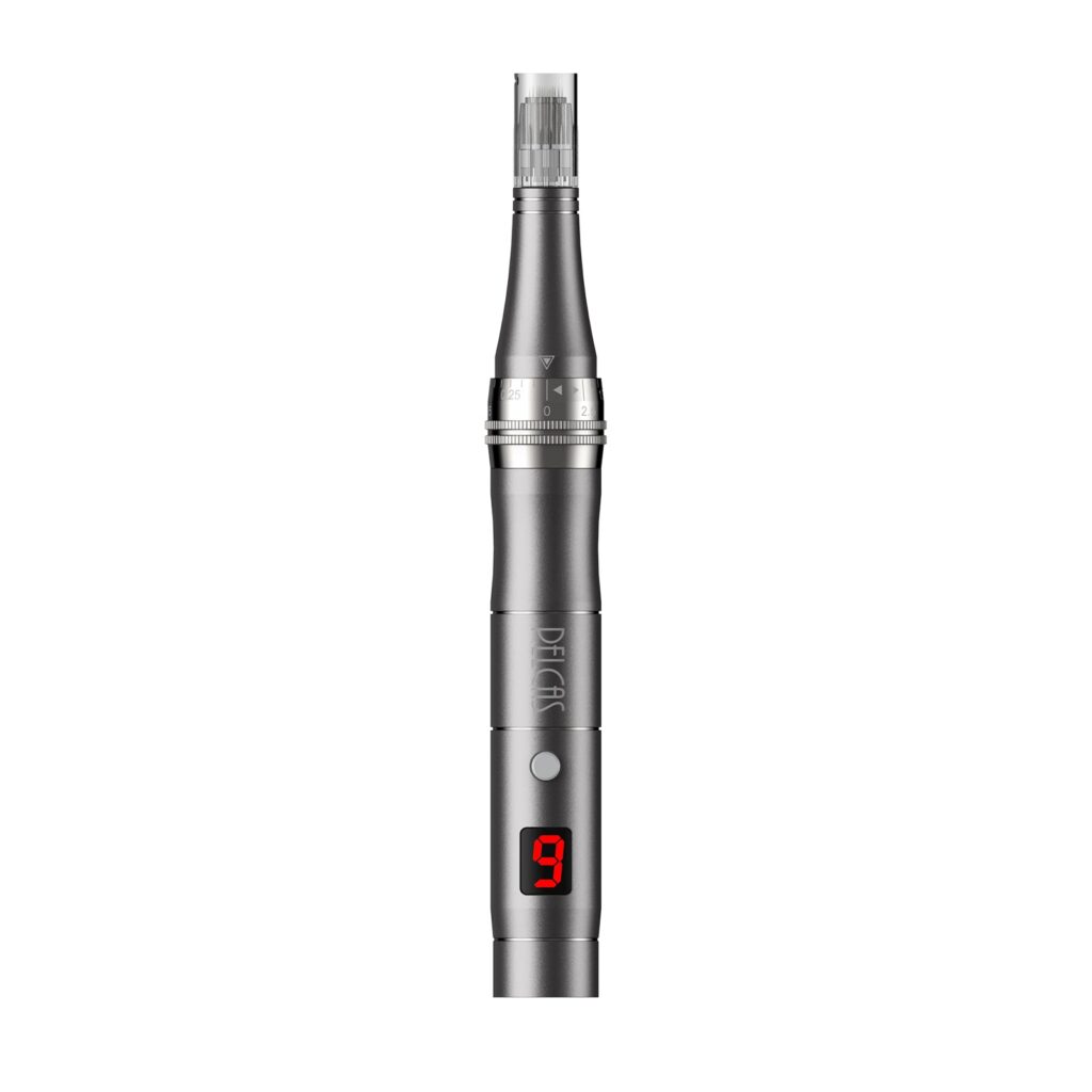 Pelcas cordless 9-speed microneedling pen in dark grey with a red LED speed display near the base