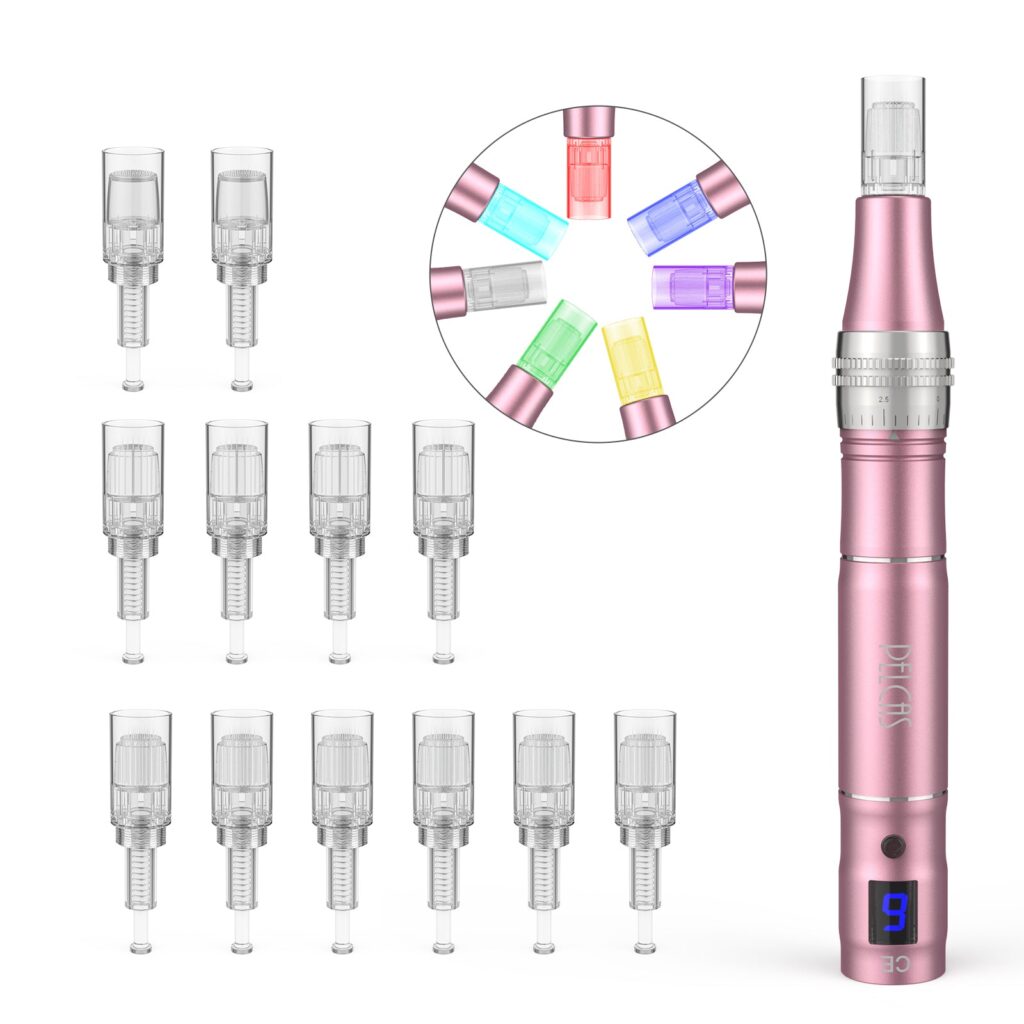 Pink Pelcas microneedling pen beside rows of clear replacement cartridges and a ring of colored tips
