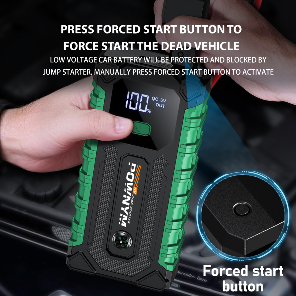 Pownym jump starter with a close-up of the forced start button on the clamp box