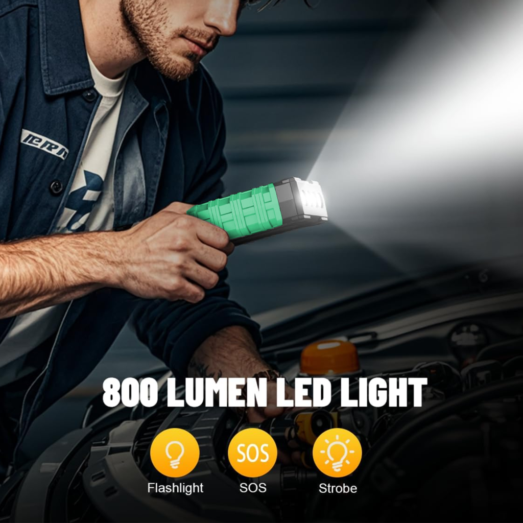 Man using the Pownym jump starter as a flashlight, with flashlight, SOS and strobe modes shown