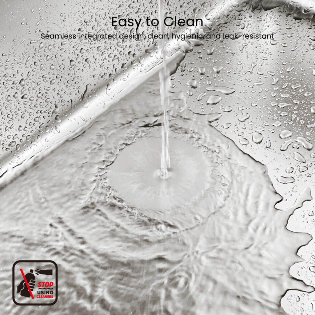 Water running over the brushed steel base of a PTLOM litter box, with a no-cleaners warning icon in the corner