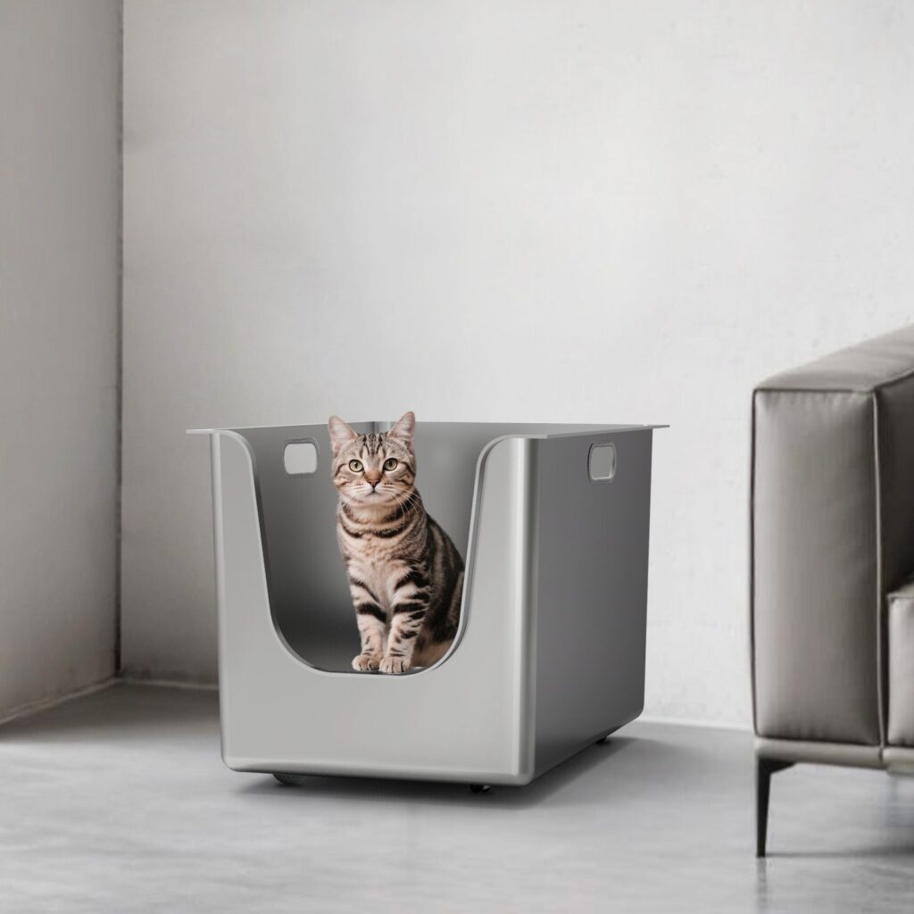 A tabby cat sitting in the low curved entry of a PTLOM stainless steel litter box in a modern living room
