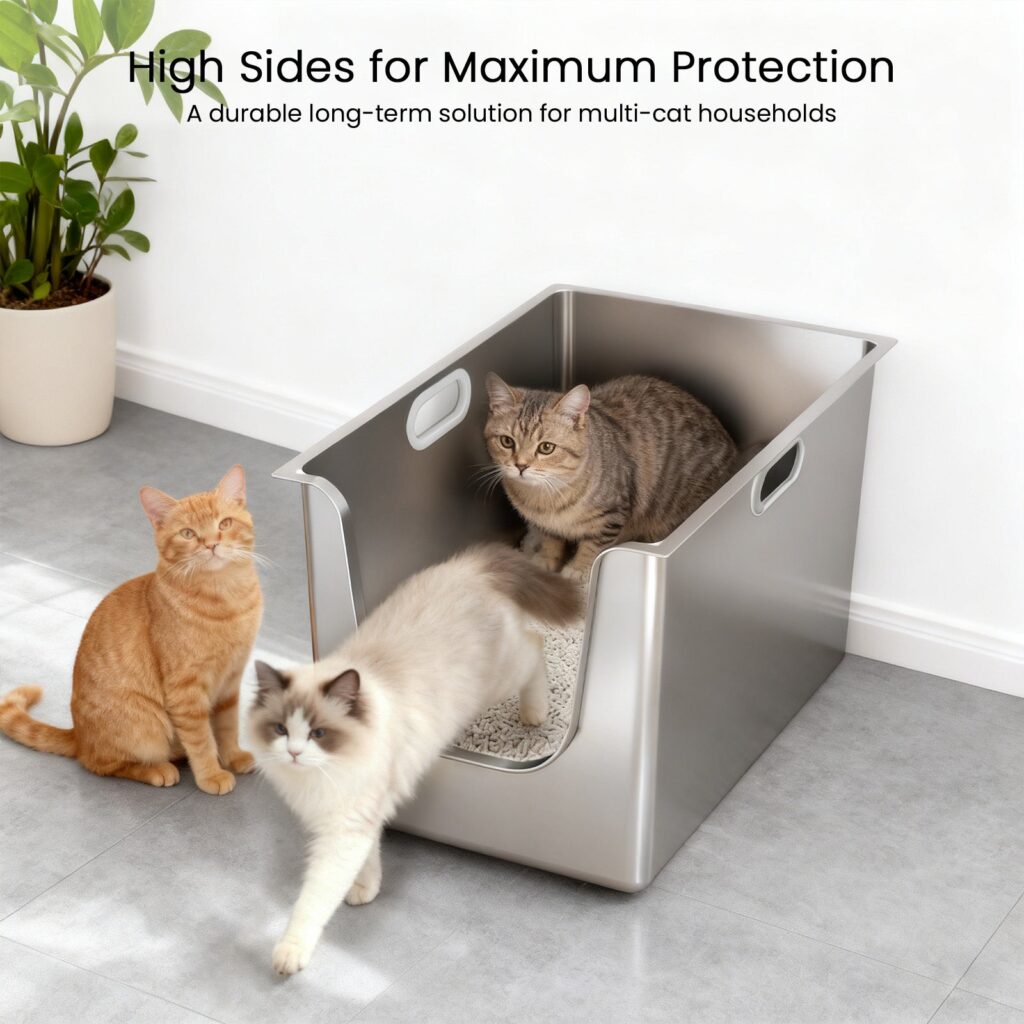 Three cats around a PTLOM stainless steel litter box with tall sides, one stepping out through the low entry