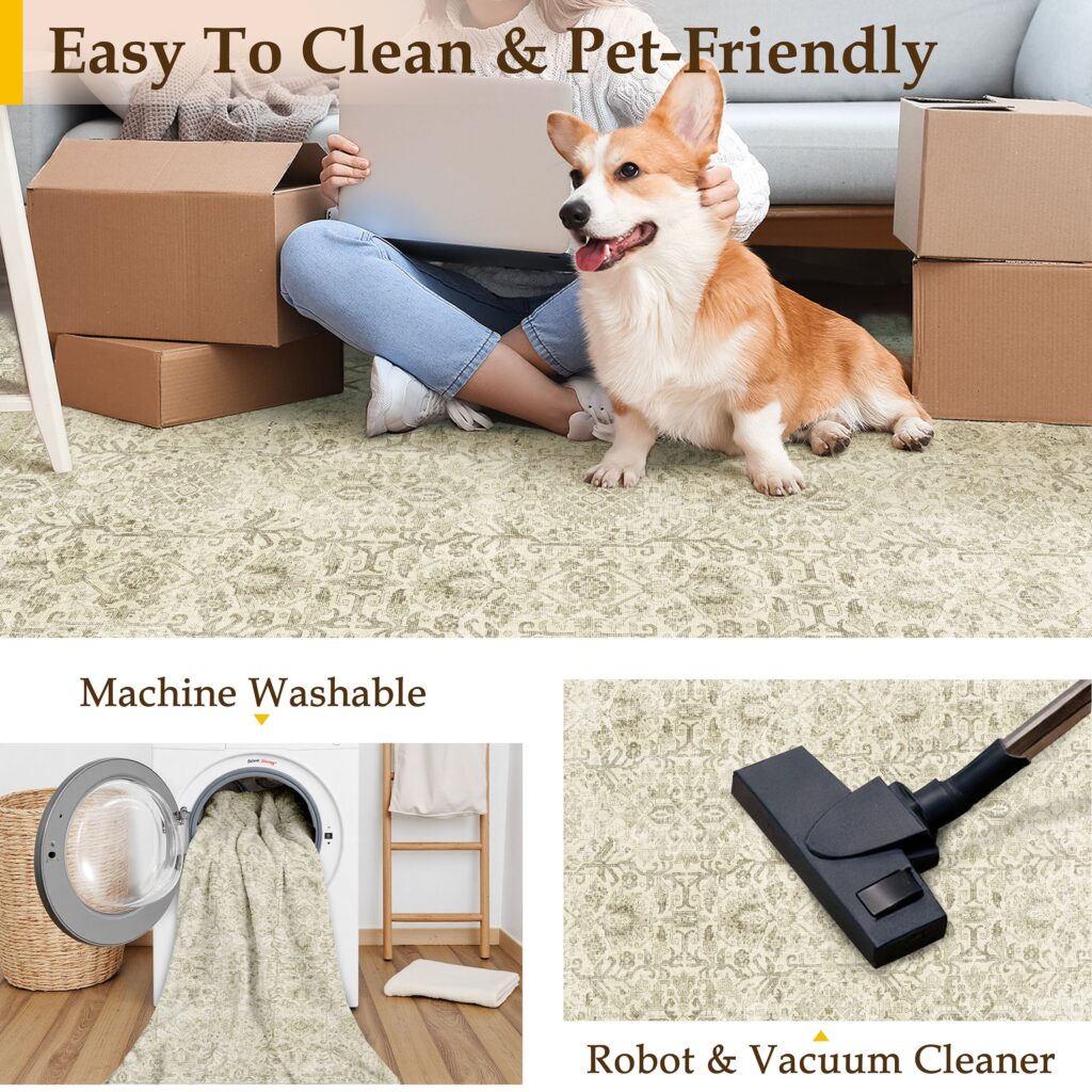 Collage of a PureCozy rug in a home with a dog, a rug going into a washing machine and a vacuum cleaner on the pile
