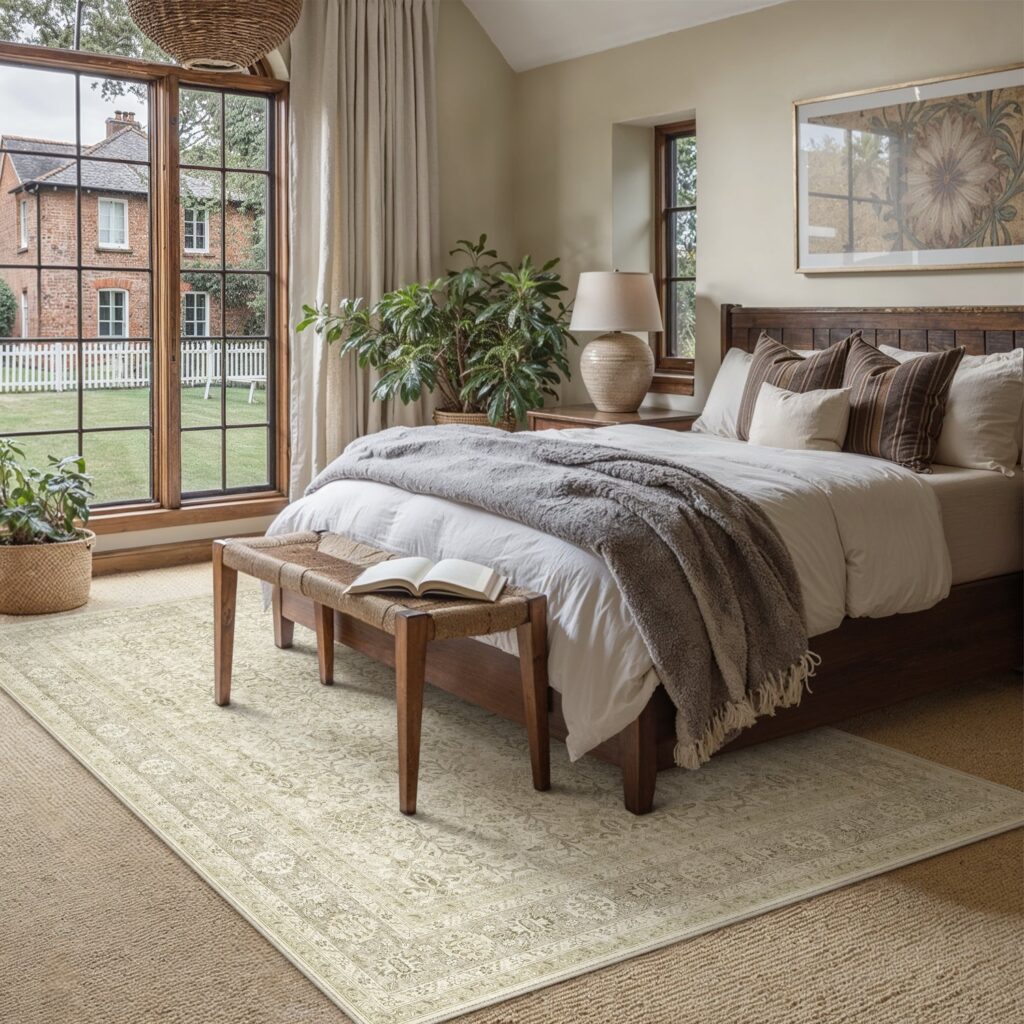 PureCozy vintage-style rug under a bed in a bedroom, with a wooden bench at the foot