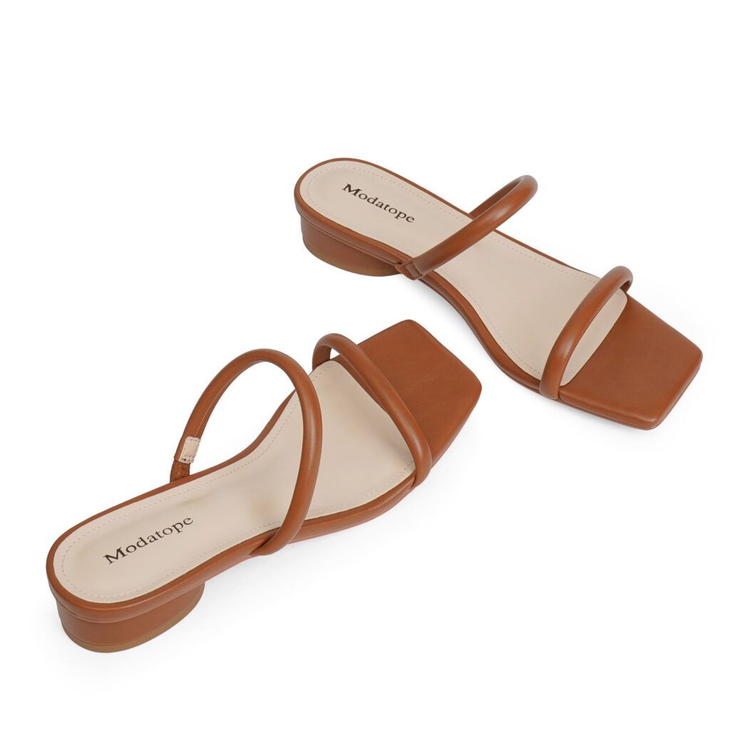 Pair of QIY Velmera slide sandals in brown, with slim straps, square toes and low chunky heels, seen from above