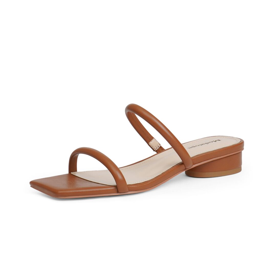 QIY Velmera slide sandal in brown with two slim straps, a square toe and a low chunky heel