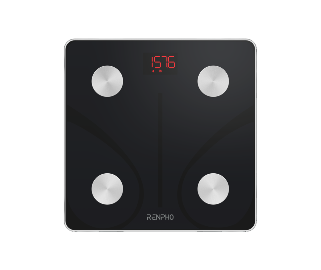 Renpho Elis 1 smart body scale with a black glass top, four metal electrode pads and a red digital display