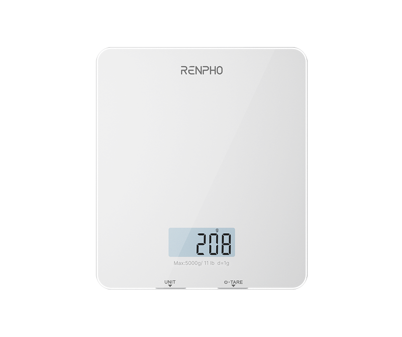 Renpho Calibra 1 smart nutrition scale in white with an LCD readout