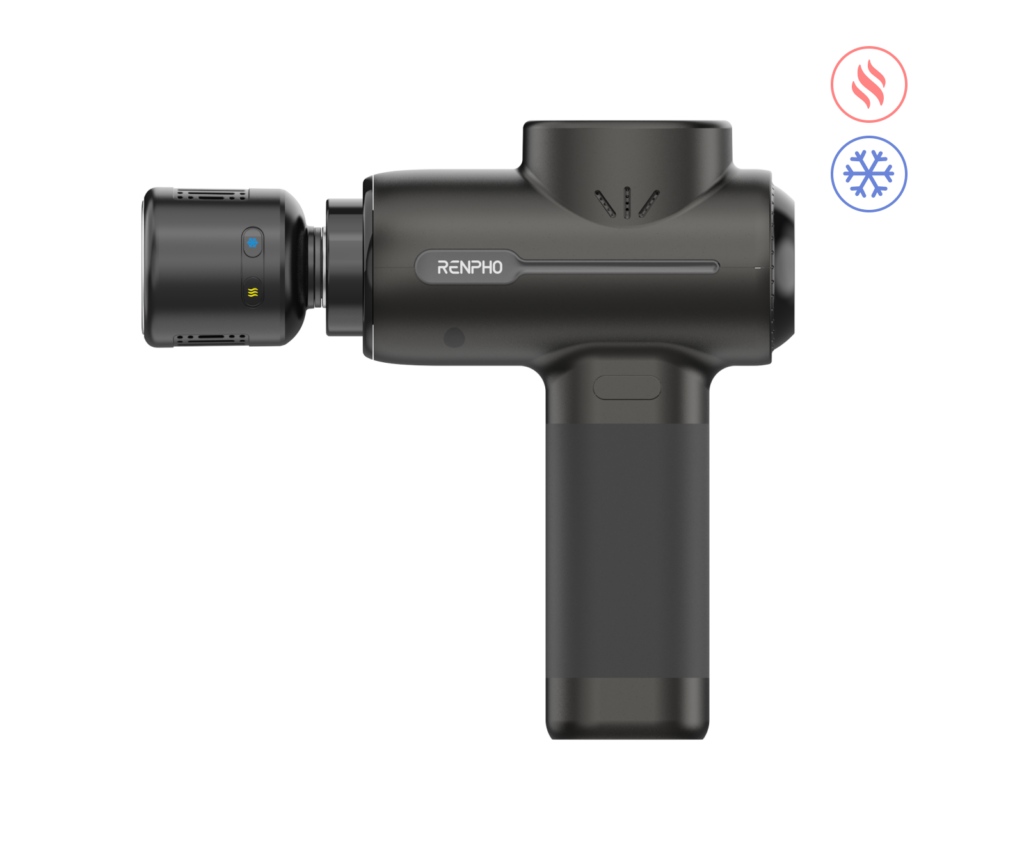 Renpho Active+ Thermacool massage gun with a metal housing and attachment head
