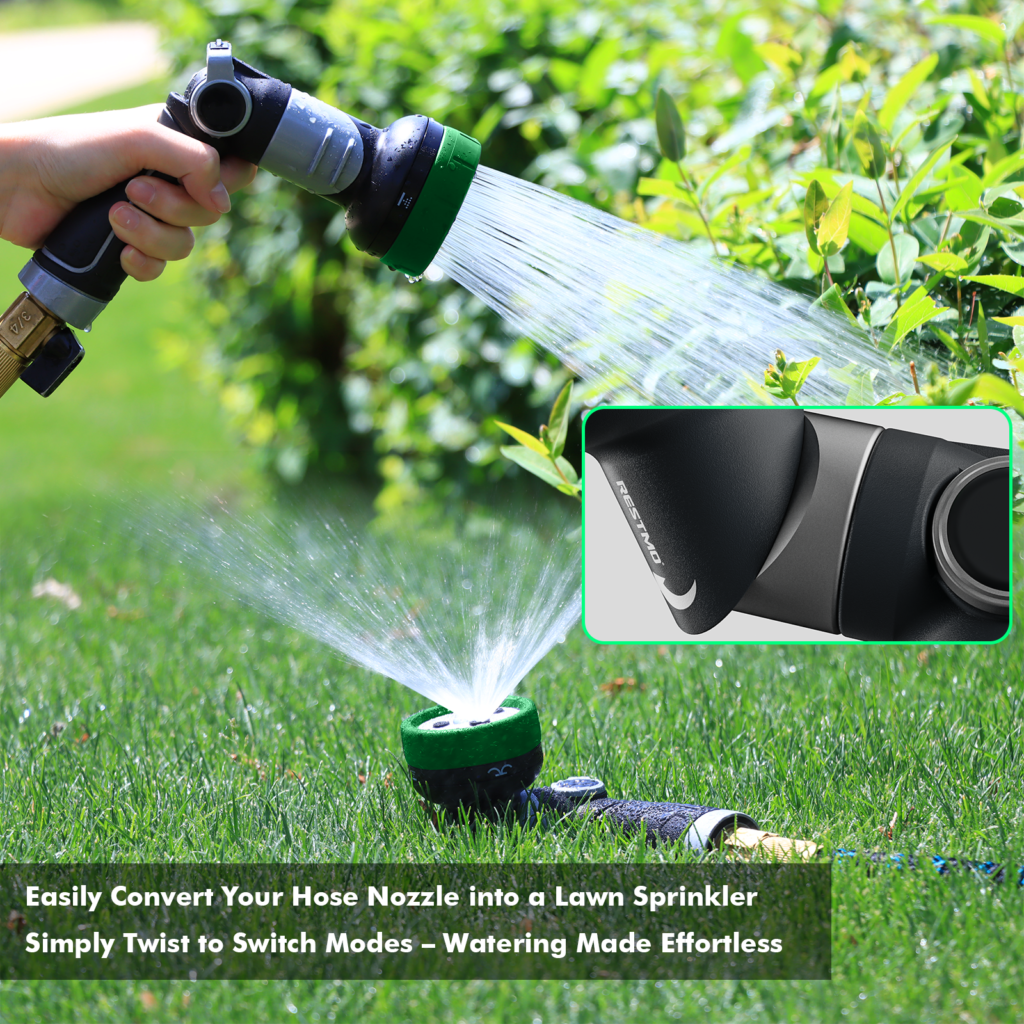 Restmo nozzle spraying by hand in the upper half and sitting on a lawn as a sprinkler in the lower half