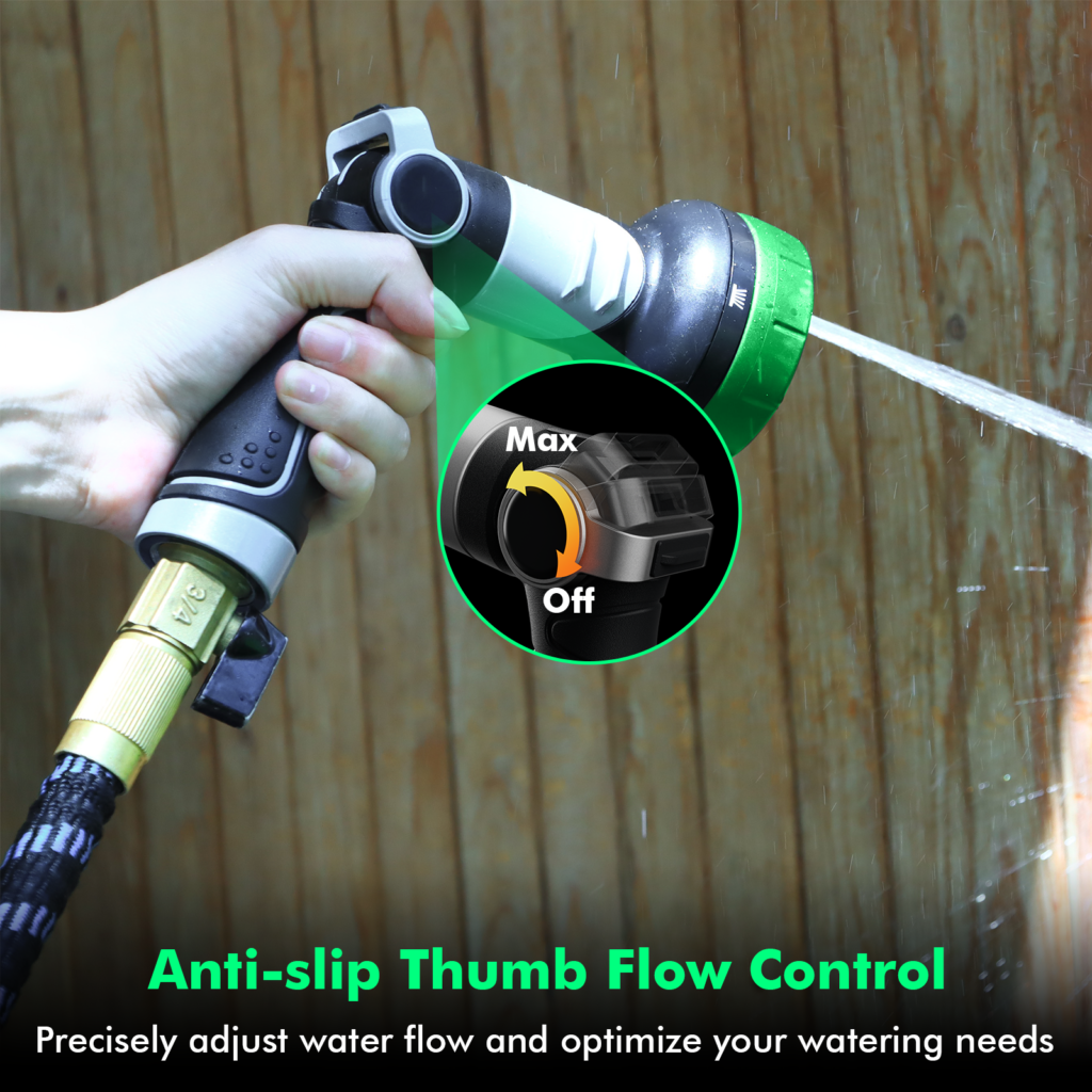 Hand holding the Restmo nozzle with an inset showing the thumb flow control turning between Max and Off