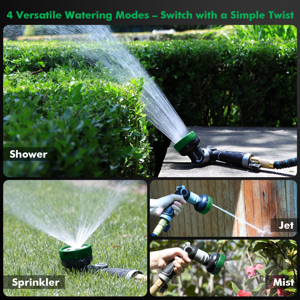 Restmo twist nozzle in four modes: shower on a hedge, sprinkler on grass, jet on a wooden fence and mist on flowers