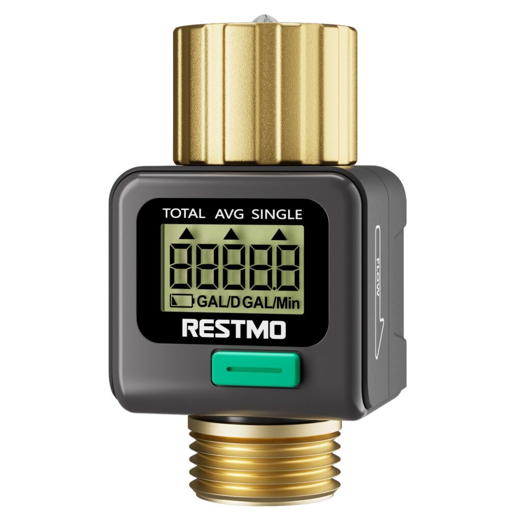 Restmo digital water flow meter with brass threaded ends and an LCD showing total, average and single readings