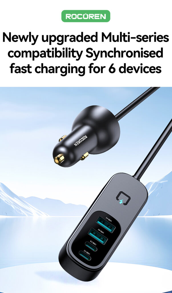 Rocoren car charger head connected by a long cable to a rear-seat charging station with four ports