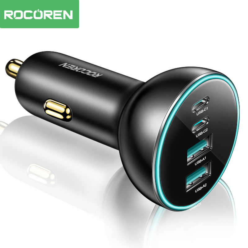 Rocoren four-port car charger with two USB-C ports and two USB-A ports on its face