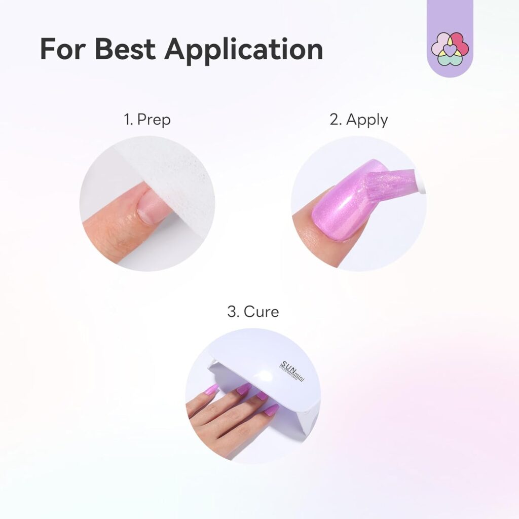 Three-step graphic showing a nail being wiped clean, a violet pearl gel being brushed on and a hand under a small LED lamp