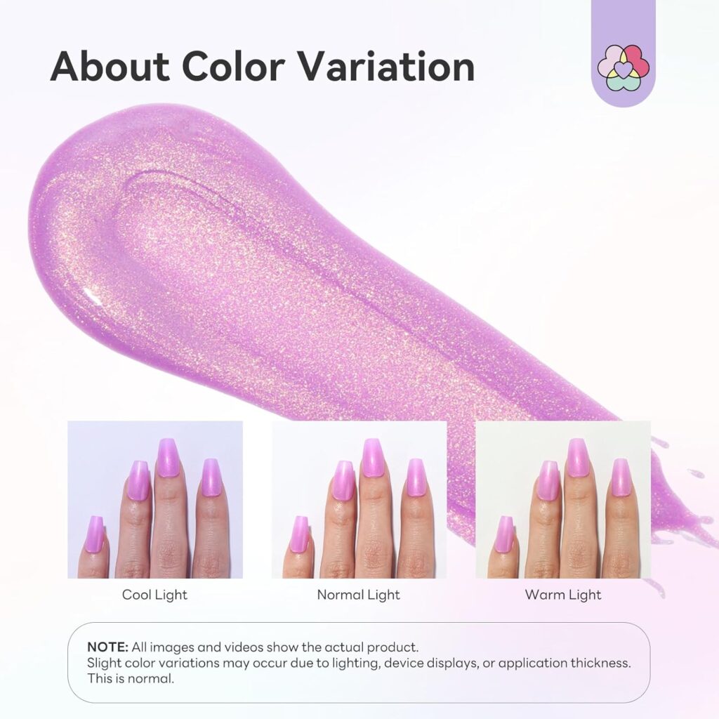 Violet pearl gel swatch above three photos of the same shade on nails in cool, normal and warm light