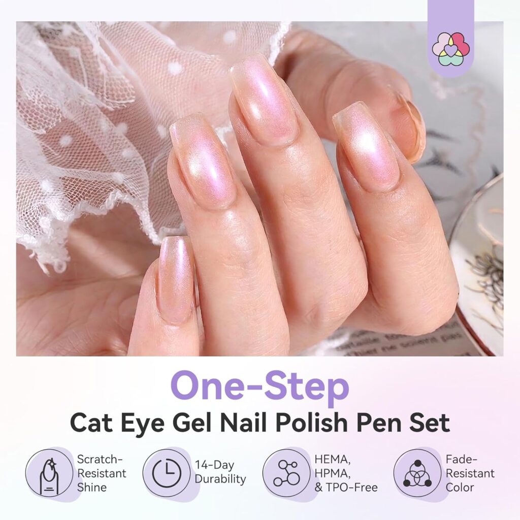 Hand with sheer pink cat eye gel nails showing a soft pearly glow against white lace