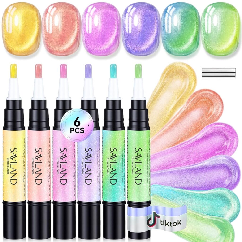 Six Saviland Express Series cat eye gel pens beside bright nail swatches in yellow, coral, pink, violet, aqua and green
