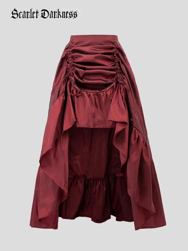 Ruched drawstring high-low skirt in burgundy from Scarlet Darkness